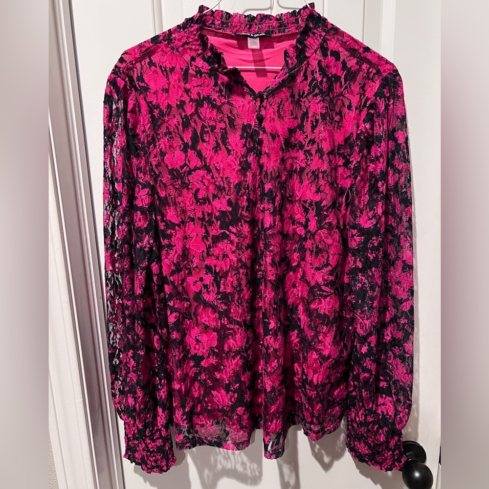 Cable & Gauge Pink and Black Floral Lace Blouse women’s sz XL Valentine’s Day